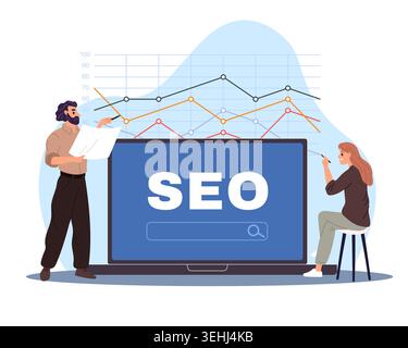 Seo or search engine. Optimization for website, find information, keywords, specialists reviewing traffic chart on laptop screen, marketing growth Stock Vector