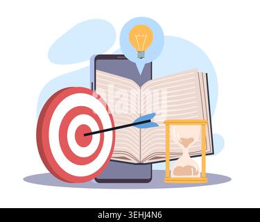 Self learning. Online education with ebooks, distance study, book reading mobile app, target with arrow, hourglass and lightbulb, time management and Stock Vector