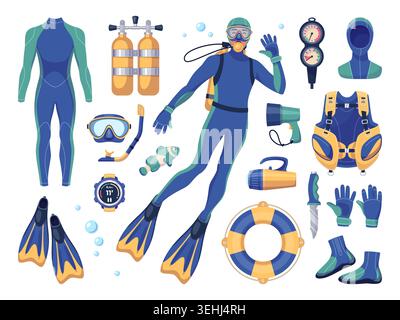 Scuba diving elements. Submariner with underwater accessories, snorkeling equipment, oxygen cylinders, mask and fins, marine activity, swimming sport Stock Vector