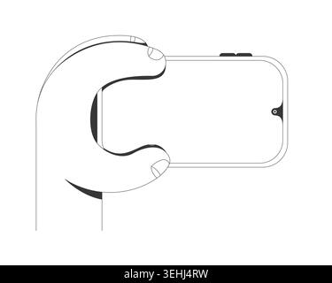 Closeup hand gripping empty phone in landscape mode line tutorial graphic Stock Vector