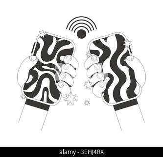 Smartphones with wireless NFC connection signal line neo brutalism tutorial graphic Stock Vector