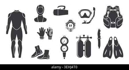 Scuba diving icons. Black flat underwater equipment silhouettes, marine adventures, sea sport logo, mask, fins and regulator, logotype elements design Stock Vector