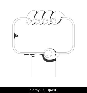 Raised hand holding phone with blank landscape screen line tutorial graphic Stock Vector