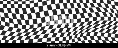 Black white checkerboard background, pattern grid. Retro psychedelic checkered wallpaper. Chessboard surface. Distorted geometric grid. Vector illustration Stock Vector