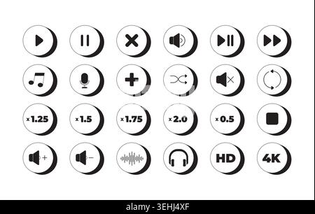 Audio media player control modern black and white UI element set Stock Vector