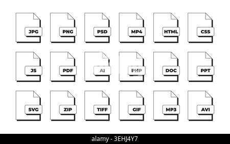 File format document modern black and white UI element set Stock Vector