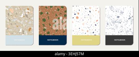 Note book cover design. Terrazzo abstract background made of natural stones, granite, quartz and marble. Venetian terrazzo texture note book template. Stock Vector