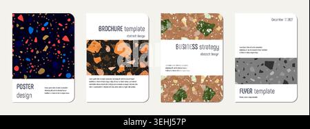 School notebook cover design. Terrazzo abstract background made of natural stones, granite, quartz and marble. Venetian terrazzo texture school notebook template. Stock Vector