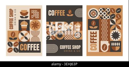 Abstract geometric coffee design poster set with beans, drink, cups of hot espresso and bauhaus modern elements. Vector minimalist seamless pattern backgrounds for cafe menu template, beverage package Stock Vector