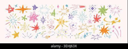 Hand drawn colorful crayon star shapes, holiday firework. Vector doodle celebration explosion, sparks, childish chalk pencil design elements. Shooting comets, sketch sparkle icons in grunge texture Stock Vector