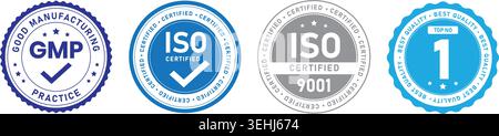 GMP and ISO Certified Quality Badge Collection with Premium Business Seal Label Design Stock Vector