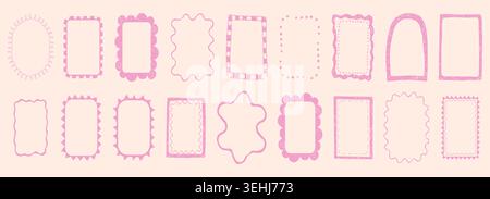 Crayon chalk wavy scribble texture doodle curly borders collection. Wiggle, scalloped curly wedding decor. Elegant classic frames set decorations with zigzag and whimsy edges. Vector illustration Stock Vector
