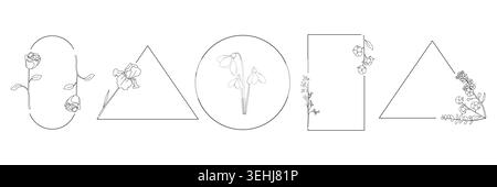 Set of five geometric frames decorated with delicate floral line art, including roses, iris, snowdrops, berries, and blossoms, elegant minimalist Stock Vector