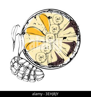 Smoothie bowl topped with tropical fruits pineapple, banana pieces, diced mango in radial pattern. Isolated illustration hand drawn in ink vector Stock Vector