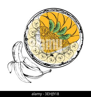 Tropical smoothie bowl with exotic mango, kiwi, banana fruit slices and citrus wheel fan layout. Hand drawn ink vector. Island cafe boards, bar Stock Vector