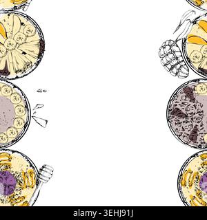Mango, banana and pineapple smoothie breakfast bowls with honey drizzle, blueberry and chocolate chips. Seamless banner hand drawn ink vector. Resort Stock Vector