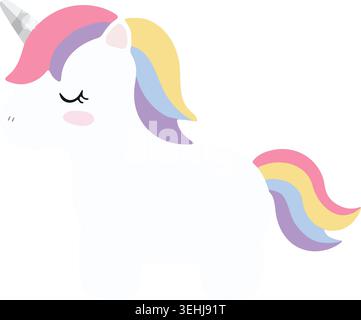 Simple illustration of a white unicorn with a pastel horn closed eyes and a rainbow mane and tail. Stock Vector
