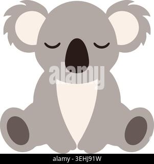 Simple illustration of a sleepy gray koala sitting with closed eyes large fluffy ears and a cream belly. Stock Vector
