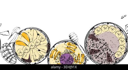 Breakfast smoothie bowls topped with oats, mango cubes, honey and berries, chocolate. Seamless band hand drawn ink vector. Morning cafe chalkboards Stock Vector