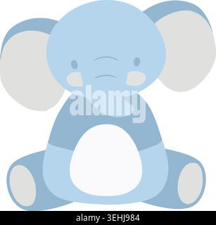Simple illustration of a blue baby elephant sitting with large ears a curved trunk pink cheeks and a white belly. Stock Vector