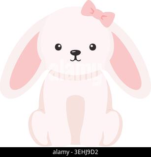 Simple illustration of a white bunny with long floppy pink ears a small bow and rounded feet. Stock Vector
