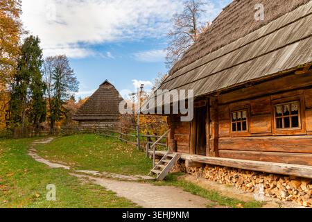 A dirt path winds through a grassy area with fallen leaves towards traditional log cabins featuring thatched roofs and wooden porches Stock Photo