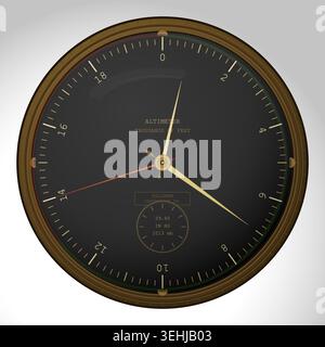 World War II aircraft altimeter dial with brass bezel and black face. Vintage aviation instrument showing altitude scale in thousands of feet. Retro m Stock Vector
