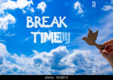 Break time symbol. Concept word Break time on beautiful blue sky. Businessman's hand with wooden bird. Beautiful blue sky and cloud background. Busine Stock Photo