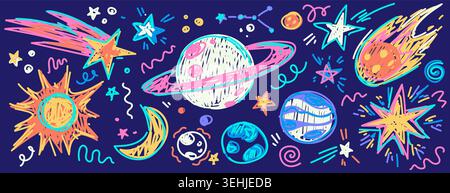 Hand drawn space doodles with colorful crayons stars, planets, and cosmic elements in playful pastel chalk style, cartoon vector isolated on background. Icon set for kids' creative projects, designs Stock Vector