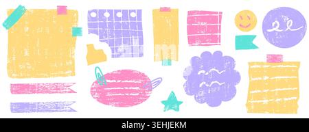 Colorful pastel crayon boxes collection isolated on white background. Vector realistic illustration of hand drawn kids note frames and speech bubbles, whimsical doodle borders for children school art Stock Vector