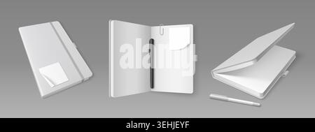 Realistic 3D notebook mockup with empty white pages, paper clip and leather cover. Vector realistic illustration of open and closed notepad template with memo stickers and pen, office stationery Stock Vector