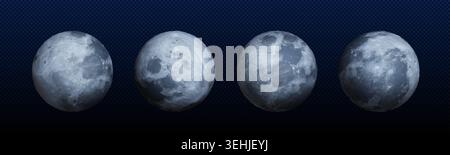 Realistic moon illustration with surface craters and lunar texture, 3d vector icons isolated on transparent background. Planet full size spheres, different view for astronomy space projects Stock Vector