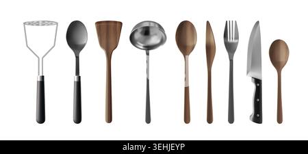 Realistic 3D kitchen utensils set with steel spoon, wooden spatula, and stainless tool for cooking, vector set isolated on white background. Professional kitchenware collection with knife and fork Stock Vector