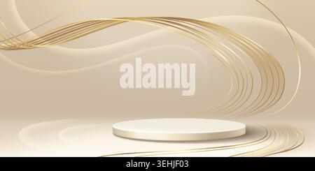 Luxury podium and golden wave lines on soft beige background. Vector realistic illustration of elegant round stage for award ceremony or elite product presentation banner, gold ribbon decoration Stock Vector