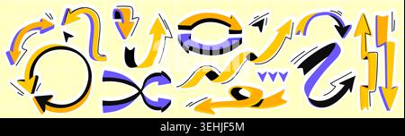 Color doodle 3d arrows set with playful curves and spirals. Vector illustration of hand drawn twisted direction signs of abstract shape, creative school infographic design elements, contemporary art Stock Vector