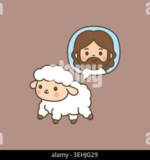 Kawaii lamb smiling with speech bubble of Jesus on brown background Stock Vector