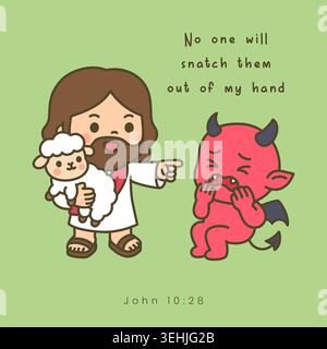 Kawaii Jesus holding lamb pointing at frightened devil with bible verse John 10 28 on green background Stock Vector