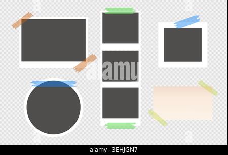 Sticky note photo frames isolated on transparent background.  Scrapbook paper templates with tape, editable vector set Stock Vector