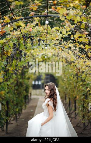 Bride in white dress posing under vine-covered archway with grapes Stock Photo