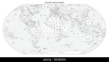World Map with high detail. Labels of Countries, Capital and Other Cities, Rivers, Mountains, Seas and Oceans. Equal Earth Projection. Greyscale atlas map. Europe and Africa centered Stock Vector