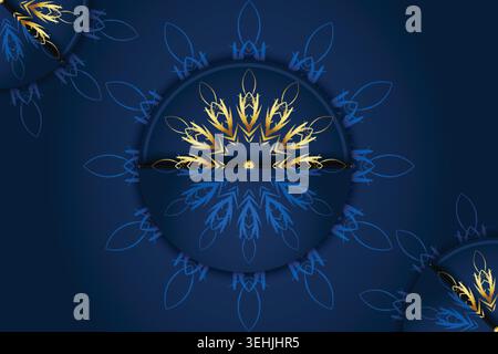 Artistic Gold Mandala Pattern With Layered Geometric Blue Background Stock Vector