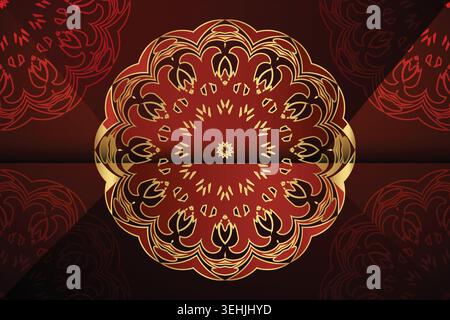Luxury Gold Floral Mandala Design On Deep Maroon Background Symmetrical Ornament Art Stock Vector