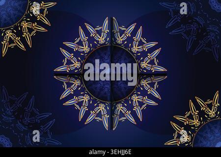 Deep Blue And Gold Mandala Background With Diagonal Line Accent Stock Vector