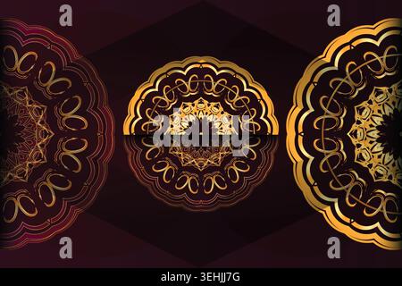 Detailed Gold Outline Floral Mandala Pattern With Elegant Deep Maroon Contrast Stock Vector