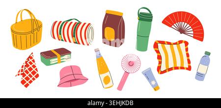 Picnic elements and summer outdoor recreation objects collection vector hand drawn illustration flat Stock Vector