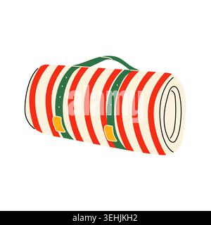 Rolled striped picnic blanket with handle vector hand drawn illustration flat Stock Vector