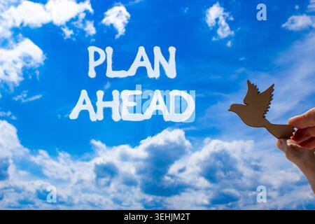 Plan ahead symbol. Concept word Plan ahead on beautiful blue sky. Businessman's hand with wooden bird. Beautiful blue sky and cloud background. Busine Stock Photo