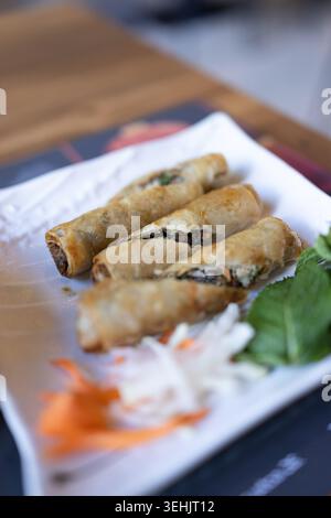 Fried spring rolls rest on a white plate. Thinly sliced carrots and radish add color. Fresh basil leaves garnish the dish. Dishes presented on a woode Stock Photo
