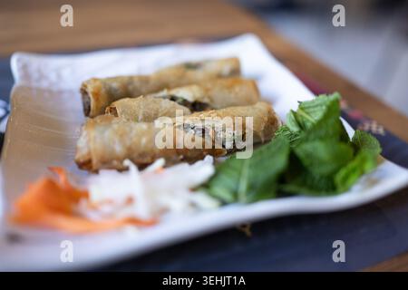 Fried spring rolls served on a white plate. Fresh mint and shredded vegetables add vibrant color. Delicate rolls showcase savory filling inside. Serve Stock Photo