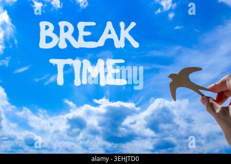 Break time symbol. Concept word Break time on beautiful blue sky. Businessman's hand with wooden bird. Beautiful blue sky and cloud background. Busine Stock Photo